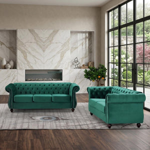 English Elm Chesterfield Crushed Velvet 2 Piece Sofa Set Button Tufted Living Room Seating Green B2735S00059