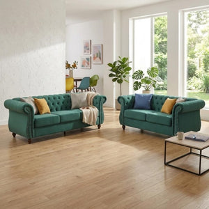 English Elm Chesterfield Crushed Velvet 2 Piece Sofa Set Button Tufted Living Room Seating Green B2735S00059