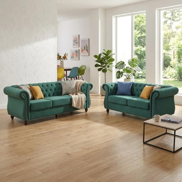 English Elm Chesterfield Crushed Velvet 2 Piece Sofa Set Button Tufted Living Room Seating Green B2735S00059