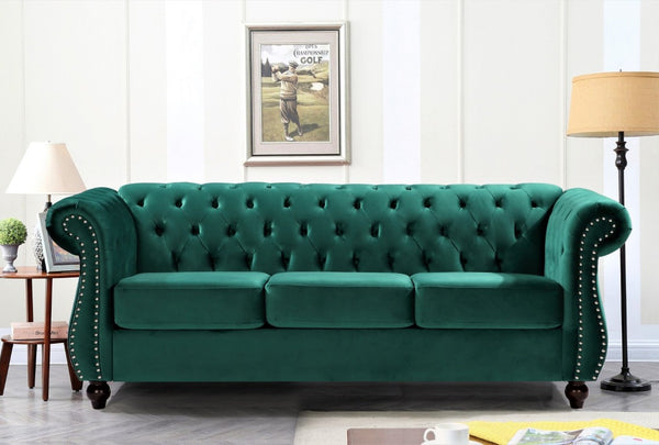 English Elm Chesterfield Crushed Velvet 2 Piece Sofa Set Button Tufted Living Room Seating Green B2735S00059