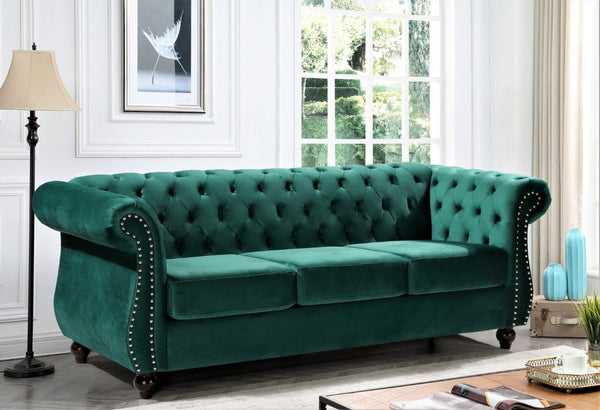 English Elm Chesterfield Crushed Velvet 2 Piece Sofa Set Button Tufted Living Room Seating Green B2735S00059