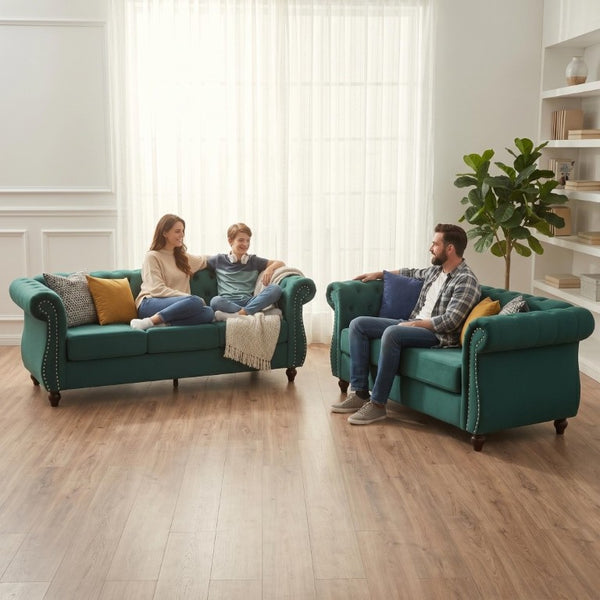 English Elm Chesterfield Crushed Velvet 2 Piece Sofa Set Button Tufted Living Room Seating Green B2735S00059