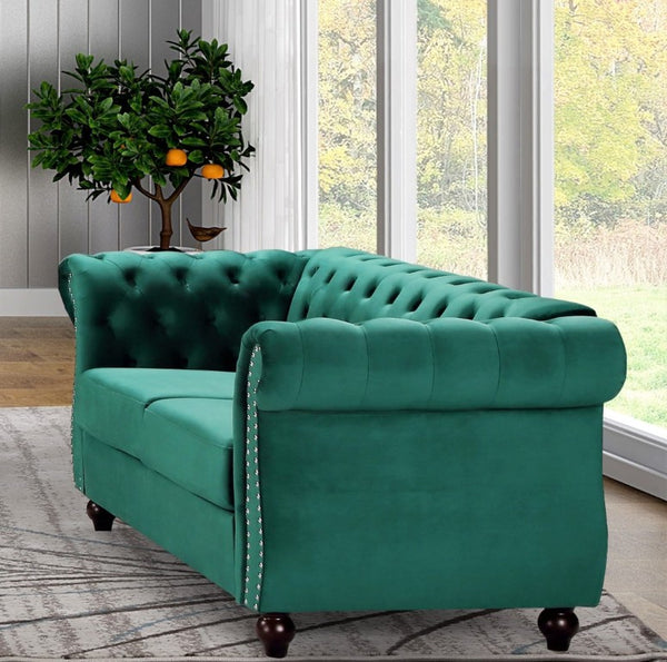 English Elm Chesterfield Crushed Velvet 2 Piece Sofa Set Button Tufted Living Room Seating Green B2735S00059