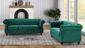 English Elm Chesterfield Crushed Velvet 2 Piece Sofa Set Button Tufted Living Room Seating Green B2735S00059
