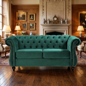 English Elm Chesterfield Crushed Velvet 2 Piece Sofa Set Button Tufted Living Room Seating Green B2735S00059