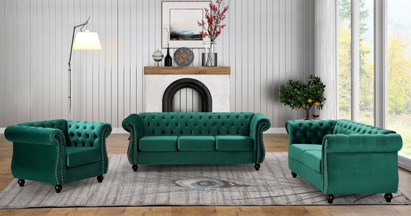 English Elm Chesterfield Crushed Velvet Living Room Set with Tufted Sofa Loveseat and Accent Chair Green B2735S00060