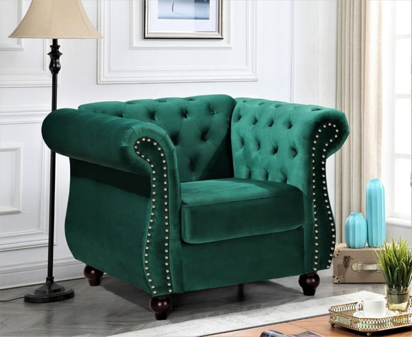 English Elm Chesterfield Crushed Velvet Living Room Set with Tufted Sofa Loveseat and Accent Chair Green B2735S00060