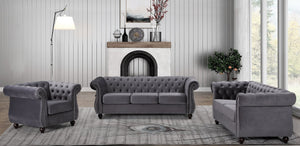 English Elm Chesterfield Crushed Velvet 3 Seat Sofa Tufted Back Rolled Arms Tapered Wood Legs Living Room Gray B2735S00061