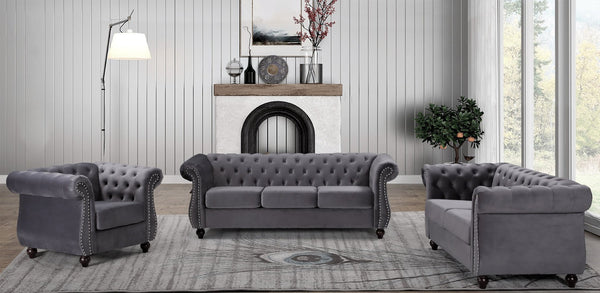 English Elm Chesterfield Crushed Velvet 3 Seat Sofa Tufted Back Rolled Arms Tapered Wood Legs Living Room Gray B2735S00061