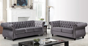 English Elm Chesterfield Crushed Velvet 3 Seat Sofa Tufted Back Rolled Arms Tapered Wood Legs Living Room Gray B2735S00061
