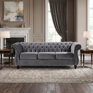 English Elm Chesterfield Crushed Velvet 3 Seat Sofa Tufted Back Rolled Arms Tapered Wood Legs Living Room Gray B2735S00061