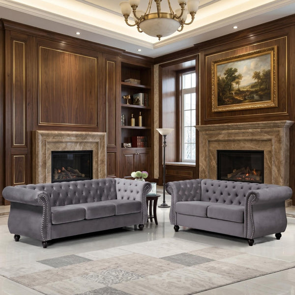 English Elm Chesterfield Crushed Velvet 3 Seat Sofa Tufted Back Rolled Arms Tapered Wood Legs Living Room Gray B2735S00061