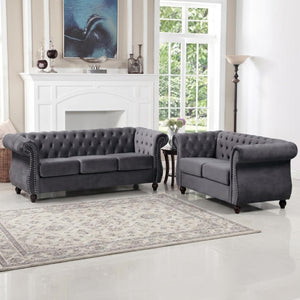 English Elm Chesterfield Crushed Velvet 2 Piece Sofa Set Button Tufted Living Room Seating Gray B2735S00062