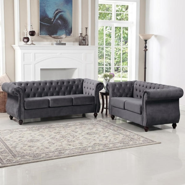 English Elm Chesterfield Crushed Velvet 2 Piece Sofa Set Button Tufted Living Room Seating Gray B2735S00062