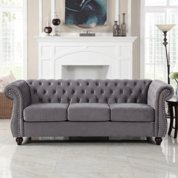 English Elm Chesterfield Crushed Velvet 2 Piece Sofa Set Button Tufted Living Room Seating Gray B2735S00062