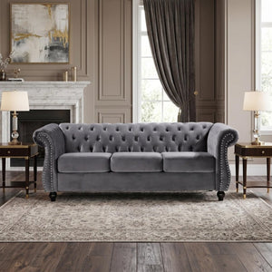 English Elm Chesterfield Crushed Velvet 2 Piece Sofa Set Button Tufted Living Room Seating Gray B2735S00062