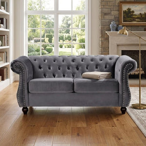 English Elm Chesterfield Crushed Velvet 2 Piece Sofa Set Button Tufted Living Room Seating Gray B2735S00062