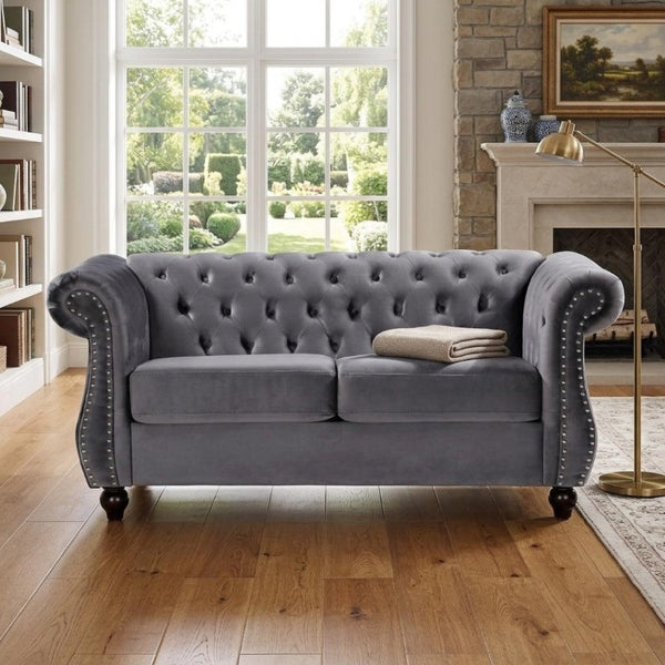 English Elm Chesterfield Crushed Velvet 2 Piece Sofa Set Button Tufted Living Room Seating Gray B2735S00062