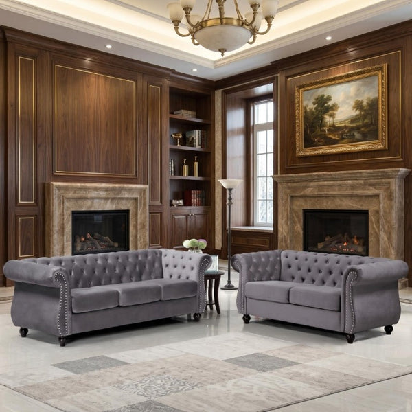 English Elm Chesterfield Crushed Velvet 2 Piece Sofa Set Button Tufted Living Room Seating Gray B2735S00062