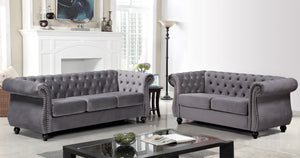 English Elm Chesterfield Crushed Velvet 2 Piece Sofa Set Button Tufted Living Room Seating Gray B2735S00062