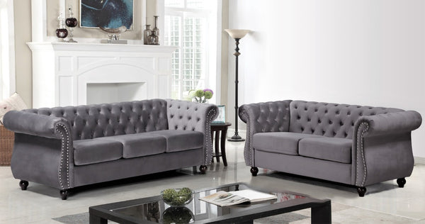 English Elm Chesterfield Crushed Velvet 2 Piece Sofa Set Button Tufted Living Room Seating Gray B2735S00062