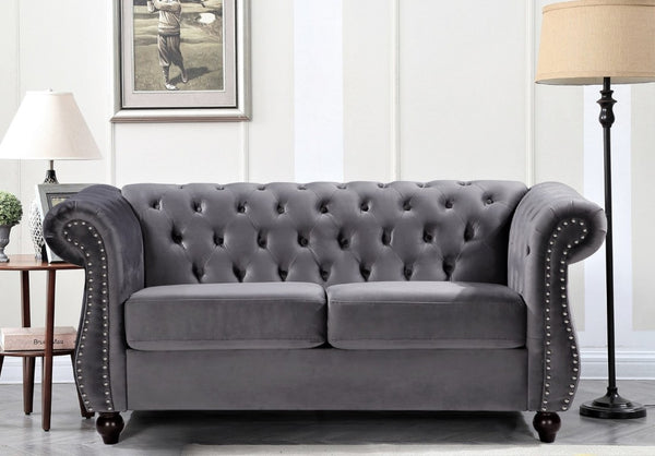 English Elm Chesterfield Crushed Velvet 2 Piece Sofa Set Button Tufted Living Room Seating Gray B2735S00062