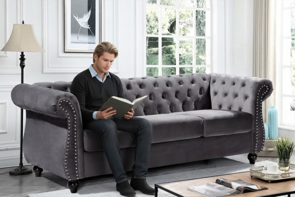 English Elm Chesterfield Crushed Velvet 2 Piece Sofa Set Button Tufted Living Room Seating Gray B2735S00062