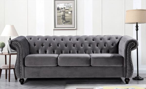 English Elm Chesterfield Crushed Velvet 2 Piece Sofa Set Button Tufted Living Room Seating Gray B2735S00062