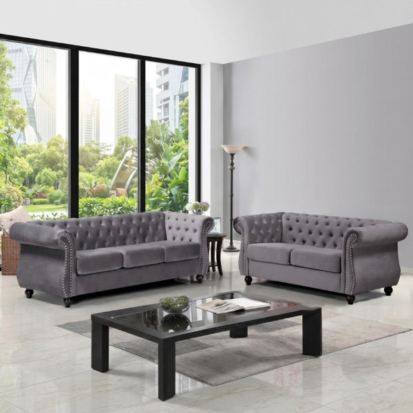English Elm Chesterfield Crushed Velvet 2 Piece Sofa Set Button Tufted Living Room Seating Gray B2735S00062