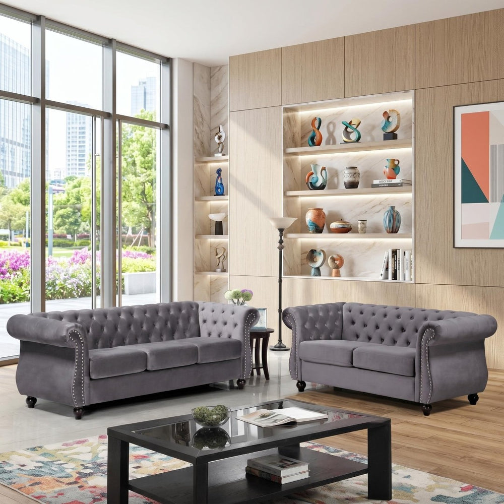 English Elm Chesterfield Crushed Velvet 3 Piece Living Room Suite with Tufted Rolled Arms Gray B2735S00063