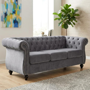 English Elm Chesterfield Crushed Velvet 3 Piece Living Room Suite with Tufted Rolled Arms Gray B2735S00063