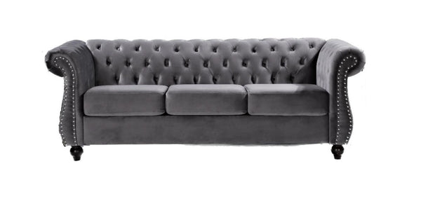 English Elm Chesterfield Crushed Velvet 3 Piece Living Room Suite with Tufted Rolled Arms Gray B2735S00063