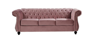 English Elm Chesterfield Crushed Velvet 3 Seat Sofa Tufted Back Rolled Arms Tapered Wood Legs Living Room Rose B2735S00064
