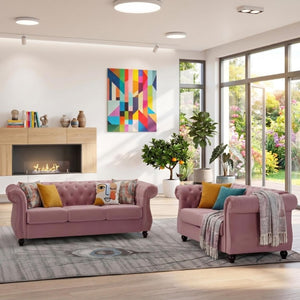 English Elm Chesterfield Crushed Velvet 2 Piece Sofa Set Button Tufted Living Room Seating Rose B2735S00065