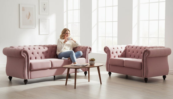 English Elm Chesterfield Crushed Velvet 2 Piece Sofa Set Button Tufted Living Room Seating Rose B2735S00065