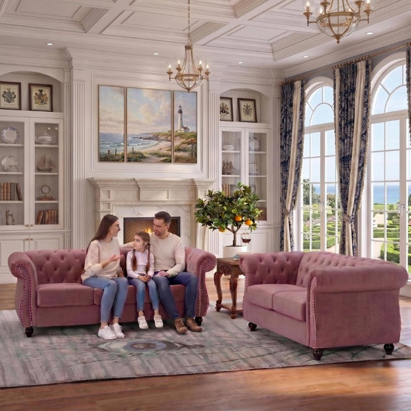 English Elm Chesterfield Crushed Velvet 2 Piece Sofa Set Button Tufted Living Room Seating Rose B2735S00065