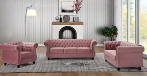English Elm Chesterfield Crushed Velvet Living Room Set with Tufted Sofa Loveseat and Accent Chair Rose B2735S00066