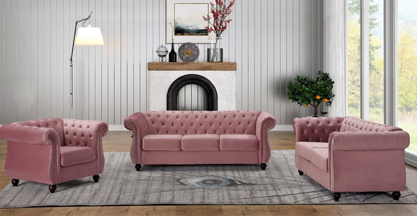 English Elm Chesterfield Crushed Velvet Living Room Set with Tufted Sofa Loveseat and Accent Chair Rose B2735S00066