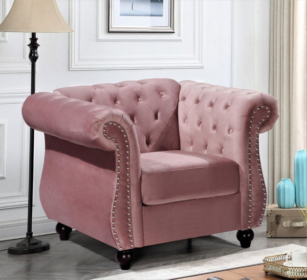English Elm Chesterfield Crushed Velvet Living Room Set with Tufted Sofa Loveseat and Accent Chair Rose B2735S00066