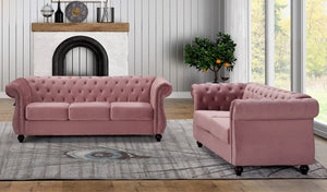 English Elm Chesterfield Crushed Velvet Living Room Set with Tufted Sofa Loveseat and Accent Chair Rose B2735S00066