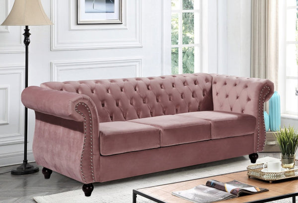 English Elm Chesterfield Crushed Velvet Living Room Set with Tufted Sofa Loveseat and Accent Chair Rose B2735S00066