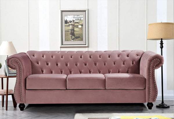 English Elm Chesterfield Crushed Velvet Living Room Set with Tufted Sofa Loveseat and Accent Chair Rose B2735S00066