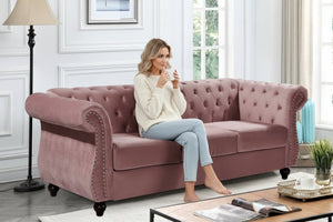 English Elm Chesterfield Crushed Velvet Living Room Set with Tufted Sofa Loveseat and Accent Chair Rose B2735S00066