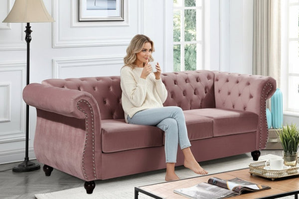 English Elm Chesterfield Crushed Velvet Living Room Set with Tufted Sofa Loveseat and Accent Chair Rose B2735S00066