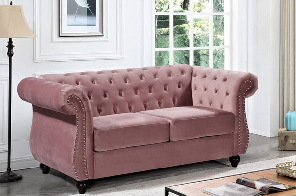 English Elm Chesterfield Crushed Velvet Living Room Set with Tufted Sofa Loveseat and Accent Chair Rose B2735S00066