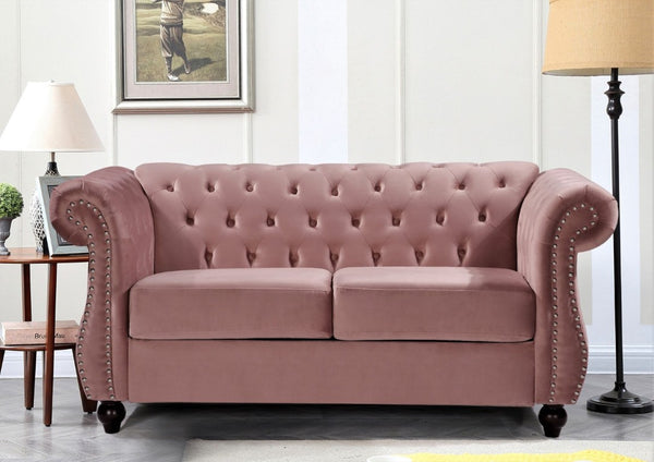 English Elm Chesterfield Crushed Velvet Living Room Set with Tufted Sofa Loveseat and Accent Chair Rose B2735S00066
