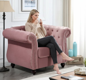 English Elm Chesterfield Crushed Velvet Living Room Set with Tufted Sofa Loveseat and Accent Chair Rose B2735S00066