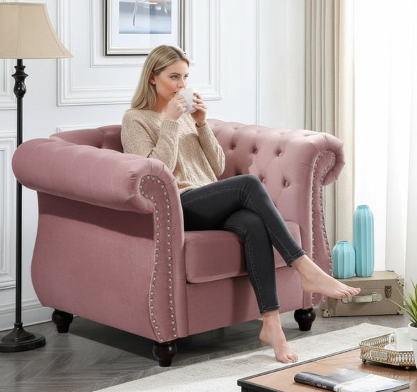 English Elm Chesterfield Crushed Velvet Living Room Set with Tufted Sofa Loveseat and Accent Chair Rose B2735S00066