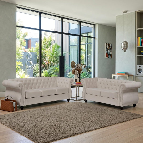 English Elm Chesterfield Crushed Velvet 3 Seat Sofa Tufted Back Rolled Arms Tapered Wood Legs Living Room Ivory B2735S00067