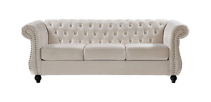 English Elm Chesterfield Crushed Velvet 3 Seat Sofa Tufted Back Rolled Arms Tapered Wood Legs Living Room Ivory B2735S00067